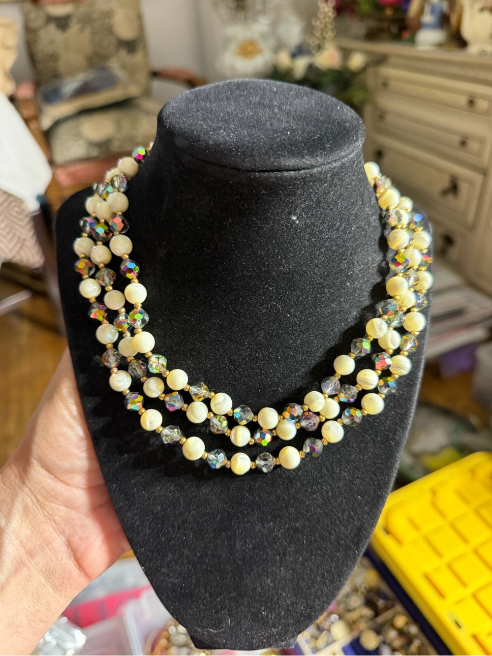 Vintage Three Strand Mother Of Pearl Aurora Borealis Crystal Beaded Necklace
